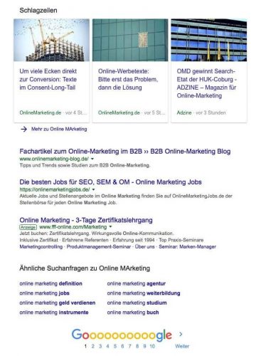 Screenshot einer SERP (Search Engine Result Page) in Google zum Suchbegriff Online Marketing