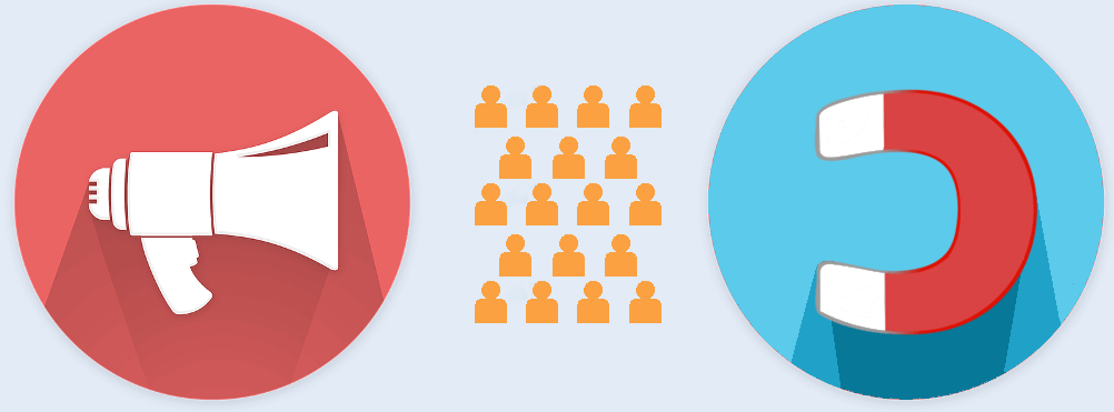Outbound-Marketing (Megaphon) und Inbound-Marketing (Magnet) beim Ringen um die Kunden gegenübergestellt