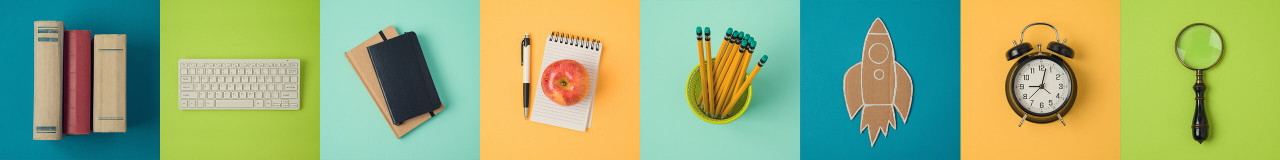Collage mit bunten Feldern mit typischen Beispielen eines Büro-Jobs