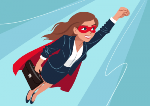 Superheldin um Business-Outfit fliegt in die Höhe