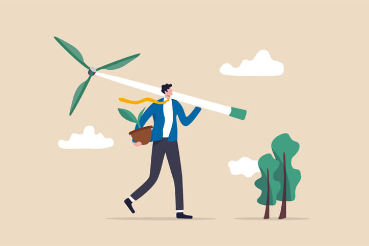 Humoristisches Bild eines CSR-Verantwortlichen bei der Arbeit mit einer Windmühle in den Händen