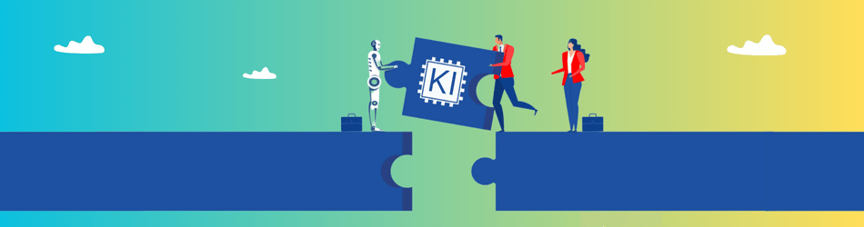 Mensch und Maschine arbeiten zusammen mit einem Puzzle-Teil: Künstlicher Intelligenz