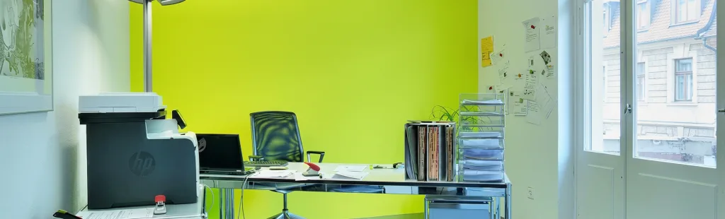 Modernes Büro mit Schreibtisch, Laptop, Drucker und limegrüner Wand. Einladender Arbeitsplatz mit Fenstertür.