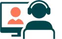 Symbol einer Person mit Kopfhörern vor einem Monitor, auf dem eine weitere Person abgebildet ist, deutet auf Online-Kommunikation hin.