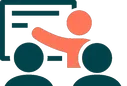 Orangefarbene Person präsentiert vor einem Bildschirm für ein Publikum aus dunklen Figuren in einem Icon-Stil