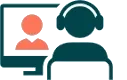 Symbol für Online-Kommunikation: Person am Bildschirm und Person mit Kopfhörer